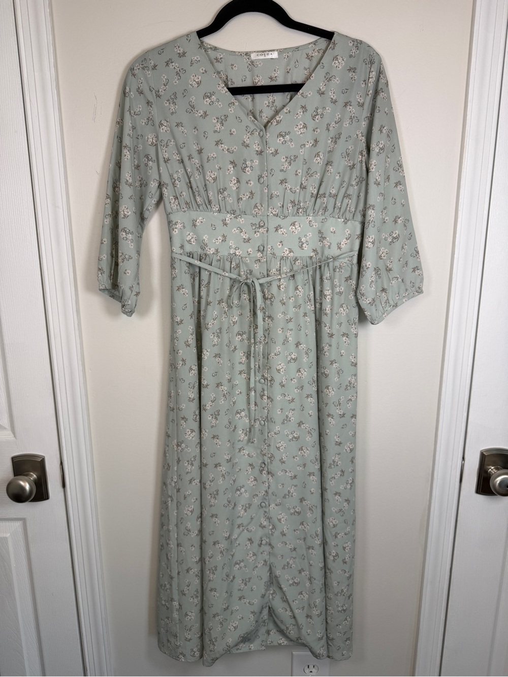 COLZA Floral Midi Dress S Sage Green Cottagecore Boho Button Front Tie Waist